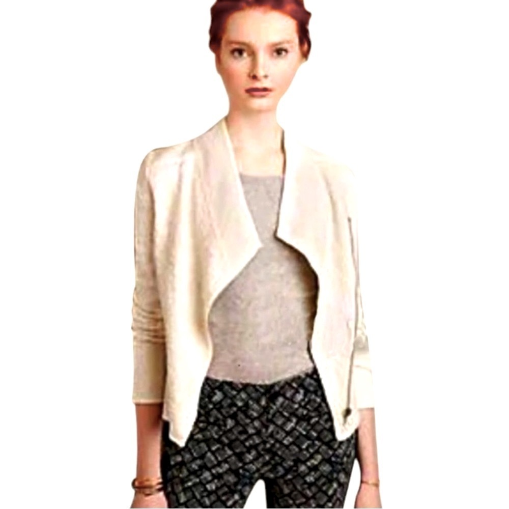 Anthropologie Quilted Moto Jacket Large Ivory SOFT Breathable Zip Front Drapey - Picture 3 of 16